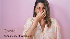  Presentation with bad breath - PPT theme enhanced with blonde-woman-standing-over-pink background and a coral colored foreground