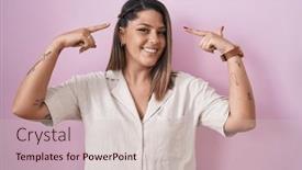  Presentation with thought - PPT layouts enhanced with blonde-woman-standing-over-pink background and a soft green colored foreground