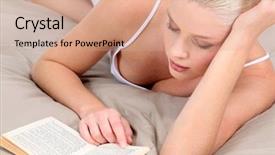  Presentation with novel - PPT theme having blonde woman with a decollete background and a coral colored foreground