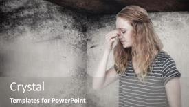  Presentation with corner - PPT theme with blonde woman with headache pinching her nose against image of room corner background and a gray colored foreground