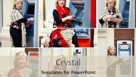  Presentation with atm - Theme with blonde woman withdrawing money from credit card at atm background and a lemonade colored foreground