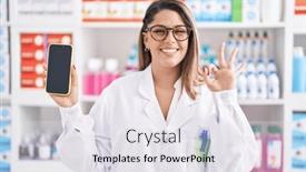  Presentation with pharmacy - Presentation theme featuring blonde-woman-working-at-pharmacy background and a sky blue colored foreground