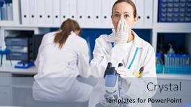  Presentation with cruelty - Presentation theme with blonde-woman-working-on-cruelty background and a light blue colored foreground