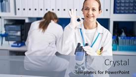  Presentation with cruelty - Presentation featuring blonde-woman-working-on-cruelty background and a light blue colored foreground