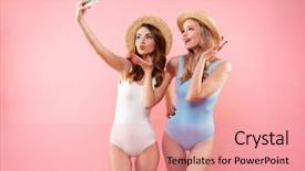  Presentation with cell - PPT layouts consisting of blonde women in one-piece background and a coral colored foreground