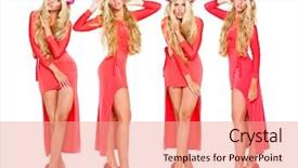  Presentation with sexy - Colorful PPT layouts enhanced with blonde women in red dress backdrop and a coral colored foreground