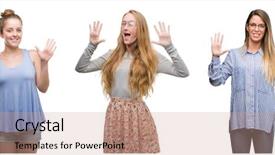  Presentation with collage - Colorful slide set enhanced with blonde women over isolated background backdrop and a  colored foreground