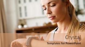  Presentation with smartwatch - Cool new PPT layouts with blonde-young-woman-using-smartwatch backdrop and a  colored foreground