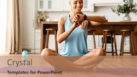  Presentation with smartwatch - Amazing PPT theme having blonde-young-woman-using-smartwatch backdrop and a  colored foreground