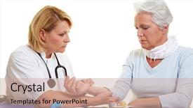  Presentation with pulse - Audience pleasing PPT theme consisting of blood circulation - doctor checking pulse with fingers backdrop and a coral colored foreground