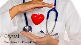  Presentation with heart - Amazing PPT theme having blood circulation - young doctor internist holding backdrop and a coral colored foreground