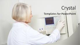  Presentation with biochemical medical laboratory - Beautiful presentation featuring blood coagulation - senior female scientist with samples backdrop and a white colored foreground