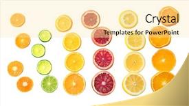  Presentation with fresh fruits salad on white - Slides featuring blood composition - slices of citrus fruits background and a blonde colored foreground