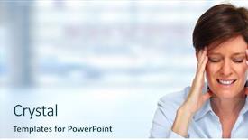  Presentation with banner blue - Presentation theme featuring blood disorder - tired business woman with headache background and a sky blue colored foreground