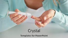  Presentation with biometric device finger print - Beautiful theme featuring blood glucose meter - woman using lancelet on finger backdrop and a light gray colored foreground