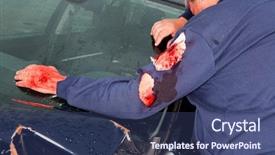  Presentation with car accident - PPT layouts with blood injuries - injured man standing next background and a ocean colored foreground