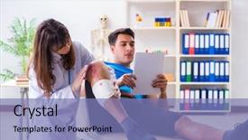 Presentation with sports doctor - Cool new slide deck with blood injuries - patient visiting doctor after sustaing backdrop and a teal colored foreground