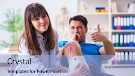  Presentation with sports doctor - Slide set consisting of blood injuries - patient visiting doctor after sustaining background and a light blue colored foreground