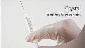  Presentation with syringe - Amazing PPT theme having blood plasma cells backgrounds - gloved hand holding a syringe backdrop and a white colored foreground