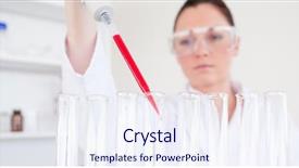  Presentation with lab test - Colorful slide deck enhanced with blood platelets - beautiful red-haired scientist filling up backdrop and a sky blue colored foreground