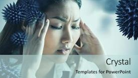  Presentation with head - PPT theme enhanced with blood platelets - nervous businesswoman holding her head background and a sky blue colored foreground