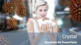 Presentation with new york - Colorful presentation enhanced with blood platelets - sick woman holding tissues looking backdrop and a seafoam green colored foreground