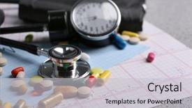  Presentation with blood pressure - Presentation consisting of blood pressure meter pills and stethoscope on grey background background and a light gray colored foreground