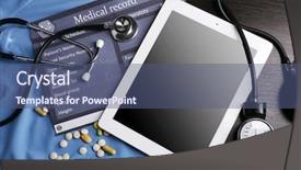  Presentation with concept high blood pressure used tablets - Presentation design with blood pressure meter stethoscope digital background and a ocean colored foreground