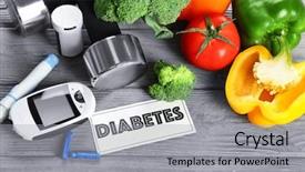  Presentation with diabetes digital - PPT theme with blood products - composition with digital glucometer vegetables background and a light gray colored foreground