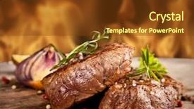  Presentation with flame nutrition beef steaks - Presentation design featuring blood products - delicious beef steakes on wood background and a tawny brown colored foreground