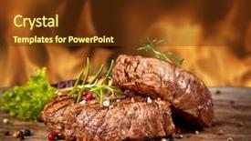  Presentation with flame nutrition beef steaks - Audience pleasing PPT theme consisting of blood products - delicious beef steakes on wood backdrop and a tawny brown colored foreground