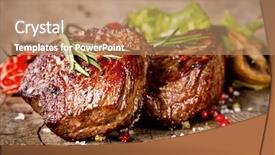  Presentation with flame nutrition beef steaks - Audience pleasing slide deck consisting of blood products - delicious beef steaks on wood backdrop and a coral colored foreground