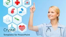  Presentation with medical cross - Cool new PPT theme with blood red cross - healthcare medicine people and symbols backdrop and a light blue colored foreground
