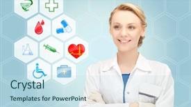  Presentation with medical smiling doctor - Cool new slides with blood red cross - healthcare medicine people and symbols backdrop and a sky blue colored foreground