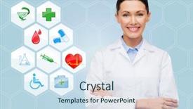  Presentation with medical smiling doctor - Amazing PPT layouts having blood red cross - healthcare medicine people and symbols backdrop and a sky blue colored foreground