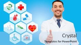  Presentation with medical smiling doctor - Colorful theme enhanced with blood red cross - healthcare profession symbols people backdrop and a light blue colored foreground