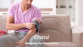  Presentation with first aid kit - Slide set consisting of blood red cross - sick man at home background and a  colored foreground