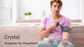  Presentation with first aid kit - Audience pleasing PPT theme consisting of blood red cross - sick man at home backdrop and a  colored foreground