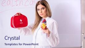  Presentation with female - Audience pleasing presentation consisting of blood red cross - young female doctor standing backdrop and a sky blue colored foreground