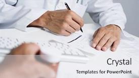  Presentation with prescription - Colorful presentation theme enhanced with blood thinner - closeup of a caucasian doctor backdrop and a sky blue colored foreground