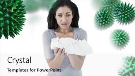  Presentation with virus - Presentation theme with bloodstream - sick brunette looking at camera background and a white colored foreground