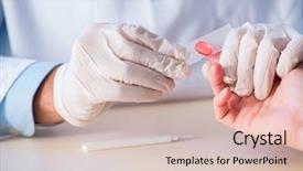  Presentation with doctor taking care of baby - Slide deck with bloodwork - doctor taking blood samples background and a  colored foreground