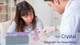  Presentation with blood test - Beautiful slide set featuring bloodwork - patient during blood test sampling backdrop and a sky blue colored foreground