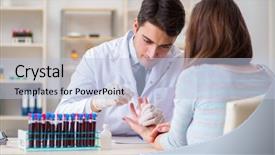  Presentation with blood test - Presentation consisting of bloodwork - patient during blood test sampling background and a  colored foreground