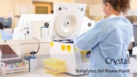  Presentation with pcr - Beautiful PPT theme featuring bloodwork - rear view of female scientist backdrop and a light blue colored foreground