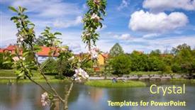  Presentation with tree - Beautiful PPT theme featuring blooming-apple-tree-with-town backdrop and a tawny brown colored foreground