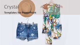  Presentation with fern - Colorful slide deck enhanced with blouse with floral print with fern with monstera leaf with shoes shorts jeans hat isolated backdrop and a coral colored foreground