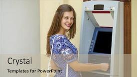  Presentation with atm - Beautiful presentation design featuring blouse withdrawing money from atm backdrop and a  colored foreground