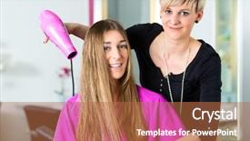  Presentation with hair tools and hairdressing concept - Slide deck enhanced with blow dryer - hairdresser - hair stylist drying background and a  colored foreground