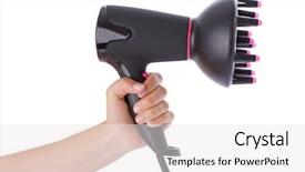  Presentation with trophy award hand holding - Cool new PPT theme with blow dryer - hand holding a hairdryer isolated backdrop and a white colored foreground